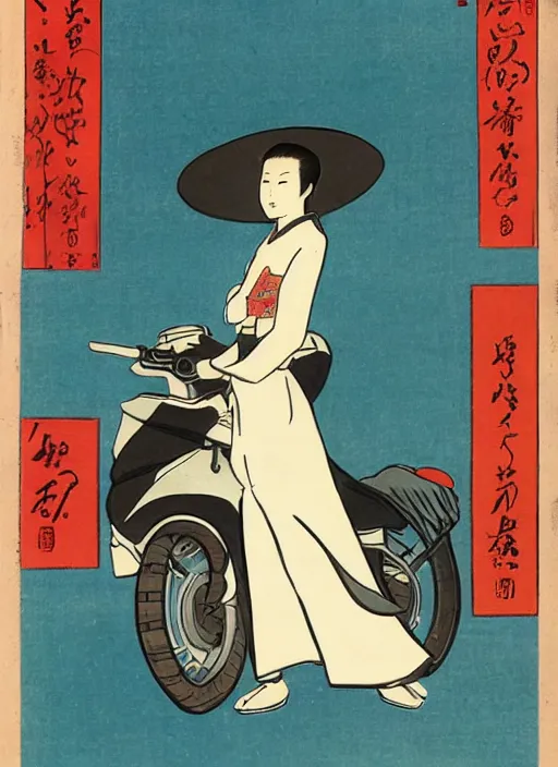 Prompt: a tall thin beautiful vietnamese girl in an ao dai dress. and a conical hat. standing in front of a motorcycle. in Ukiyo-e style