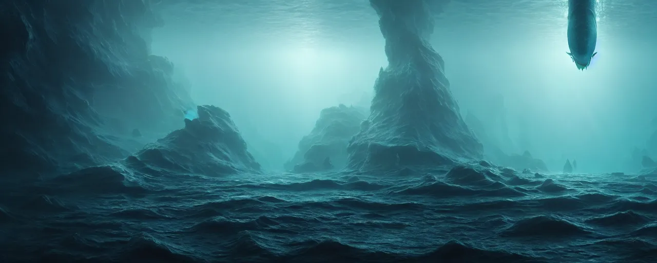 Image similar to ultra realistic horror photo of a dimly lit alien underwater landscape, very intricate details, focus, full frame image, high contrast, cgi render, artwork by tooth wu and wlop and beeple and greg rutkowski, award winning