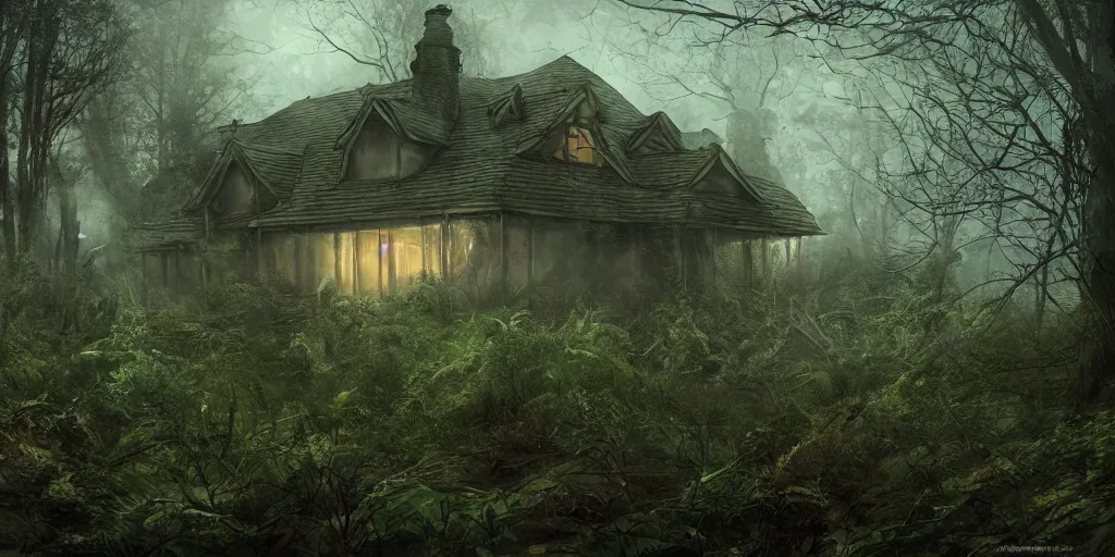 Image similar to photorealistic, ruined english bungalow, overgrown vegetation, in the forest, apocalypse, night, fog, shadowy creatures lurking in foliage, cthulhu, hellscape, hyperrealistic, grimdark, artstation