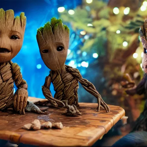 Prompt: baby groot and grogu having fun playing games, highly detailed