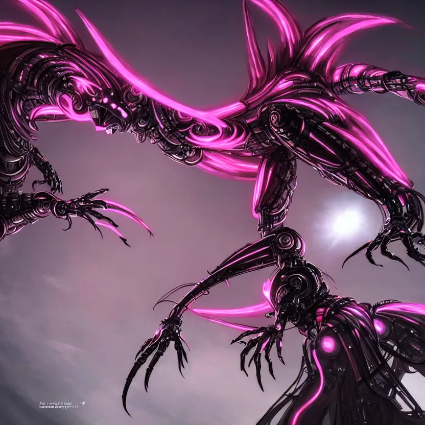 Prompt: worm's eye view from the floor, looking up, at a highly detailed 300 foot tall giant beautiful stunning female warframe, as a majestic anthropomorphic female robot dragon, posing elegantly over you, two massive detailed legs towering over you, sleek and streamlined matte black armor with glowing pink accents, sharp detailed claws, 4 fingers, robot dragon hands, robot dragon feet, hip and leg shot, upward shot, front shot, giantess shot, epic shot, high quality fanart, highly detailed art, realistic, professional digital art, high end digital art, captura, furry art, anthro art, DeviantArt, artstation, Furaffinity, 8k HD render, epic lighting