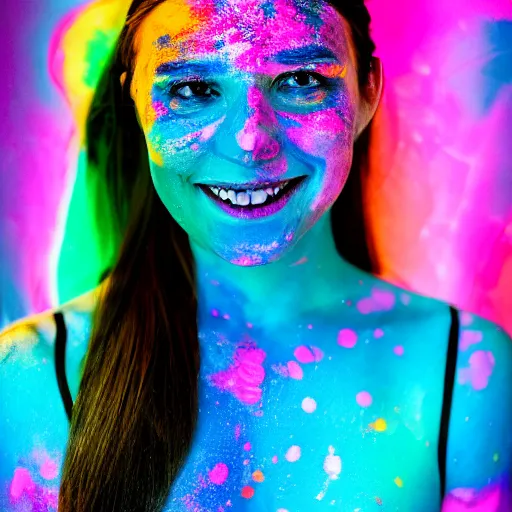 Prompt: a photo of a female smiling, painted her body with ultraviolet paint, 5 0 mm lens, f 1. 4, sharp focus, ethereal, emotionally evoking, head in focus, volumetric lighting, 8 k