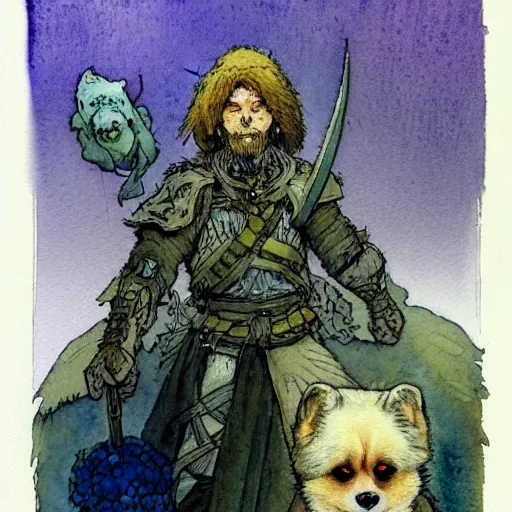 Image similar to a simple and atmospheric watercolour fantasy character concept art portrait of an android soldier with a pomeranian head as a druidic warrior wizard looking at the camera with an intelligent gaze, very muted colors, by rebecca guay, michael kaluta, charles vess and jean moebius giraud