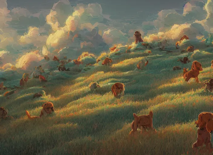 Prompt: concept art of a puppy landscape made of thousands of puppies, cel shaded, in the style of makoto shinkai and moebius and peter mohrbacher and anton fadeev