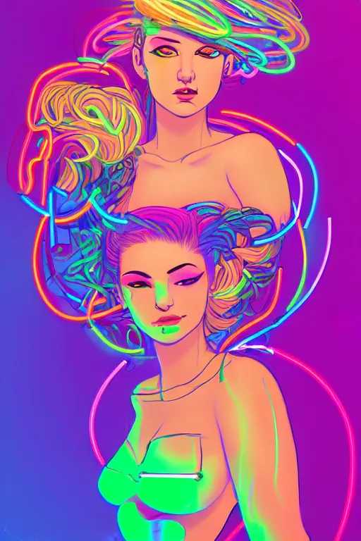 Image similar to a award winning portrait of a beautiful woman with stunning eyes in a one off shoulder crop top and cargo pants with rainbow colored hair, outlined by whirling illuminated neon lines and fine lines swirling in circles by greg tocchini, digital art, trending on artstation