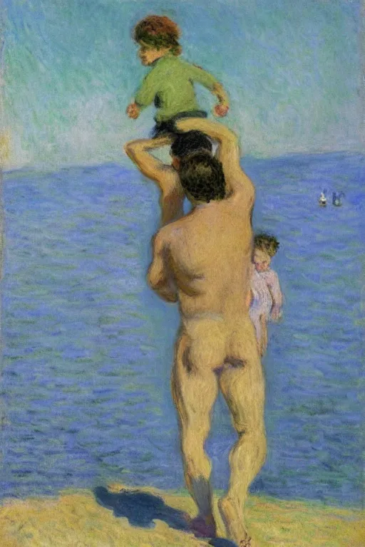 Prompt: a man walking with his child over his shoulders near the beach, anatomically correct, painting by monet, masterpiece