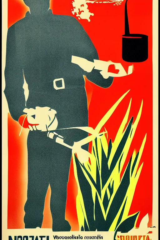 Image similar to sovietwave propaganda poster about the dangers of corn, minimalist, silkscreen, graphic design, russian text