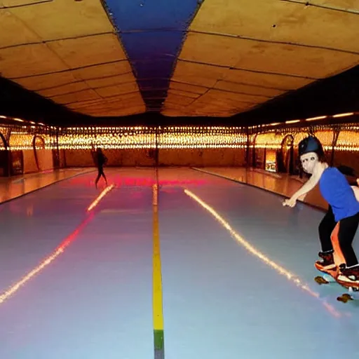 Prompt: people roller skating in a dimly lit roller rink made of cheese!!!!!! Cheese!!!!!!