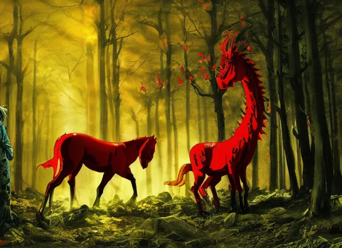 Prompt: a waifish demon next to a snarling red horse in a dark forest | bekinski anime studio ghibli gottfried manga helnwein painting film cinematic 4 k