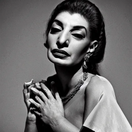 Prompt: Award winning Editorial photo of Maria Callas by Edward Sherriff Curtis and  Lee Jeffries, 85mm ND 5, perfect lighting,  gelatin silver process