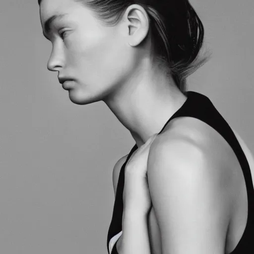 Prompt: close up of face of female fashion model sitting on chair, official jil sander editorial