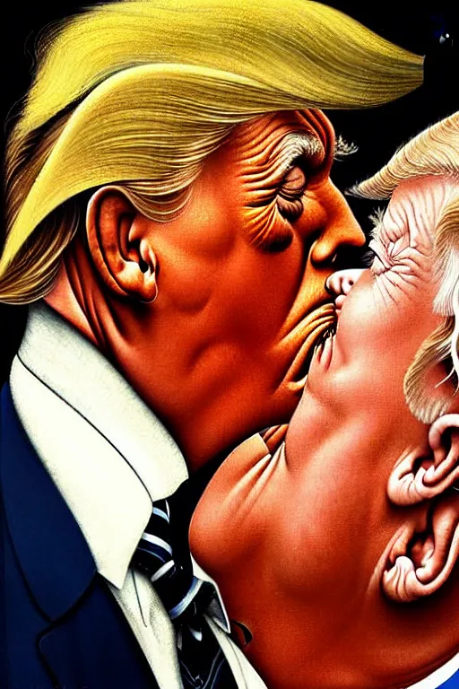 Image similar to norman rockwell painting of donald trump kissing donald trump