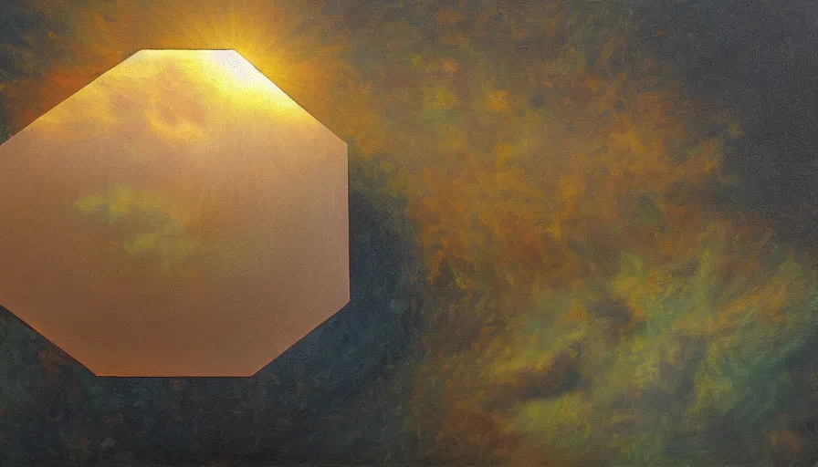 Prompt: the sun being blocked by a hexagon, earth in the foreground, oil painting