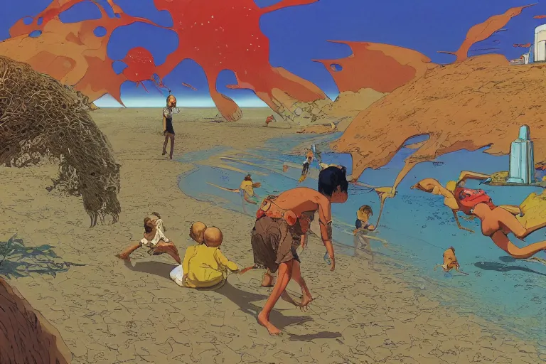 Image similar to most blues, evangelionic illustration, children playing at the beach, atomic explosion, a lot of exotic vegetation, oldschool vintage sci - fi flat surreal design, super - detailed, oil painting by moebius and satoshi kon, hd, 4 k, high quality