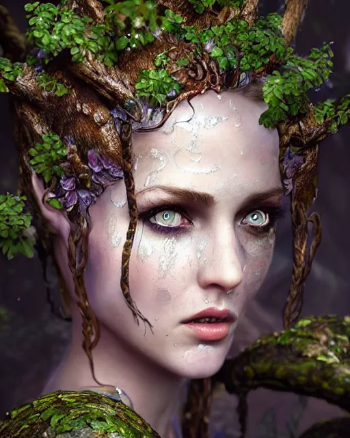 Prompt: portrait high definition photograph cute woman fantasy character art, hyper realistic, pretty face, hyperrealism, iridescence water elemental, snake skin armor forest dryad, woody foliage, 8 k dop dof hdr fantasy character art, by aleski briclot and alexander'hollllow'fedosav and laura zalenga