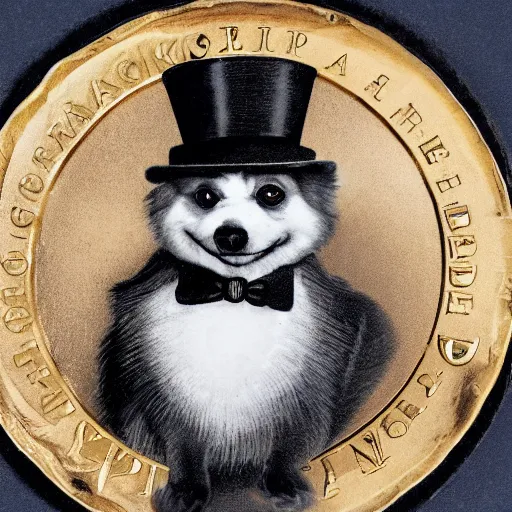 Image similar to A pomeranian wearing a top-hat and a monocle over its left eye, sitting on a pile of gold coins