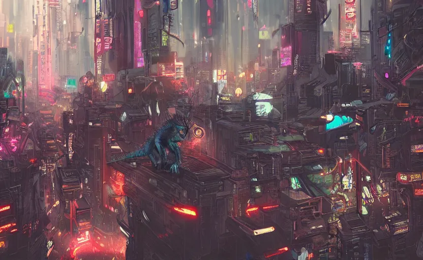 Prompt: A dragon in a cyberpunk city with cyborgs and humans looking in amazement, illustration, artstation, detailed