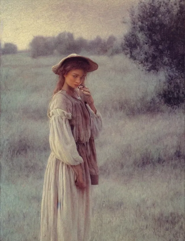 Image similar to peasant girl draws a landscape on a canvas, cottage core, cinematic focus, polaroid photo bleached vintage pastel colors high - key lighting, soft lights, foggy, by steve hanks, by lisa yuskavage, by serov valentin, by tarkovsky, detailed, oil on canvas