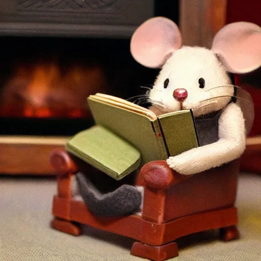 Image similar to an old mouse reading a book in a chair next to a fireplace