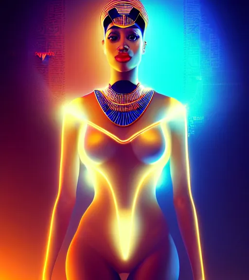 Image similar to symmetry!! egyptian queen of technology, solid cube of light, hard edges, product render retro - futuristic poster scifi, lasers and neon circuits, brown skin beautiful egyptian, queen, intricate, elegant, highly detailed, digital painting, artstation, concept art, smooth, sharp focus, illustration, dreamlike, art by artgerm