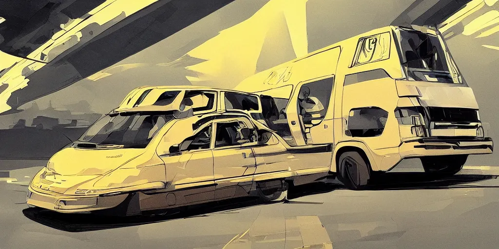 Image similar to concept art design for modernized African taxi bus, Syd Mead style,