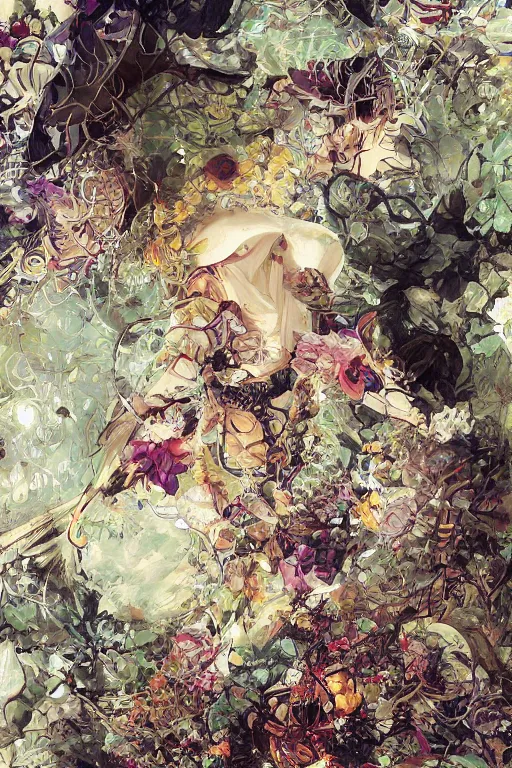 Image similar to cyberpunk fashion model wrapped in flowers and wired, vintage style, by yoichi hatakenaka, masamune shirow, josan gonzales and dan mumford, ayami kojima, takato yamamoto, barclay shaw, karol bak, yukito kishiro