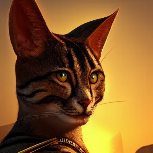 Image similar to egyptian cat, golden hour, fantasy, sharp focus, digital art, hyper realistic, 4 k, unreal engine, highly detailed, hd, dramatic lighting by brom, trending on artstation