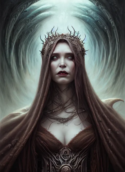 Image similar to closeup portrait shot of a vampire queen in a scenic dystopian environment, intricate, elegant, highly detailed, centered, digital painting, artstation, concept art, smooth, sharp focus, illustration, artgerm, tomasz alen kopera, peter mohrbacher, donato giancola, joseph christian leyendecker, wlop, boris vallejo