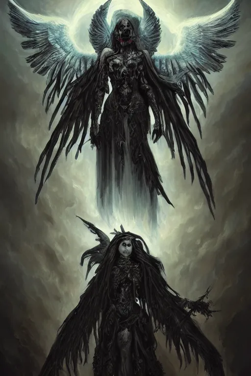 Prompt: painting of an ominous bright angel of death with many skulls in dark clouds, full-body portrait, highly detailed, ornate and elegant, fantasy, traditional art, gothic, abstract art, surrealism, concept art, on artstation