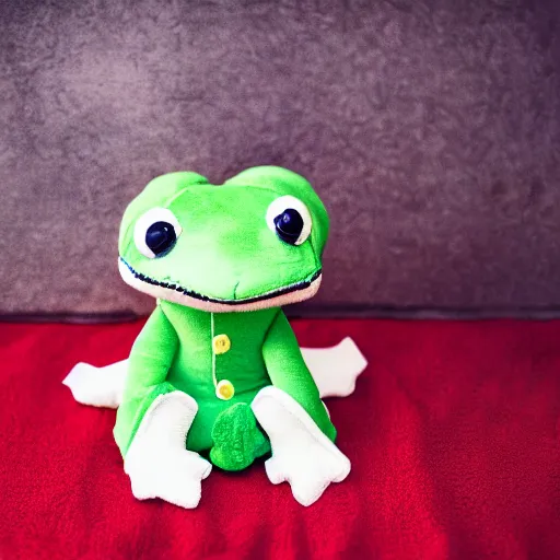 Prompt: stuffed animal frog wearing a sailor suit, plushie photography,