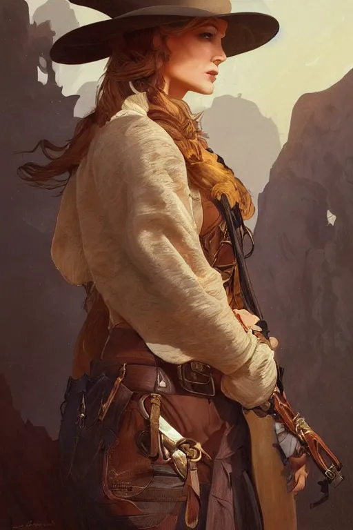 Image similar to portrait of sam eliott, western, gunslinger, duster, fantasy, intricate, elegant, highly detailed, digital painting, artstation, concept art, sharp focus, illustration, art by artgerm and greg rutkowski and alphonse mucha