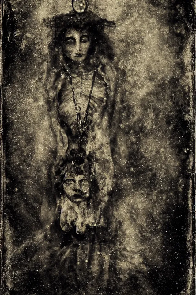 Prompt: wet plate photograph of sun tarot card victorian era, coal dust, in the style of brothers quay