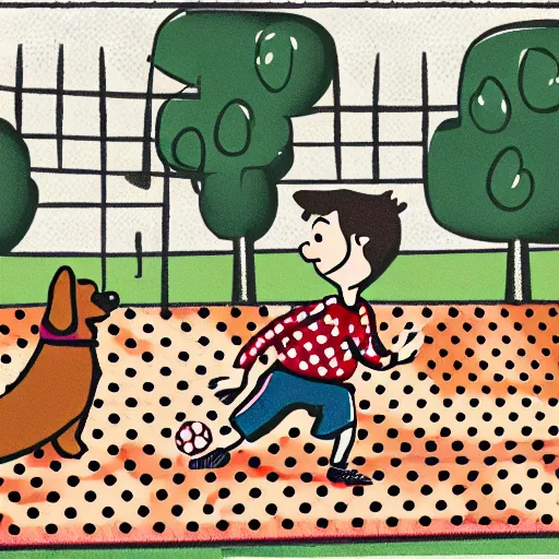 Image similar to illustration of french boy in paris playing football against a corgi, the dog is wearing a polka dot scarf