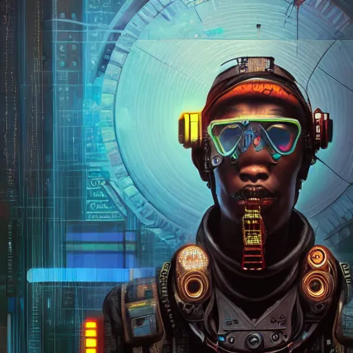 Image similar to a dogon cyberpunk hacker, steampunk stargate by greg rutkowski and android jones in a surreal portrait style, oil on canvas, ancient cyberpunk 8k resolution