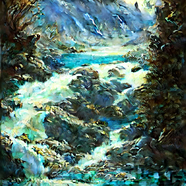 Image similar to Mountain river flows through a fantasy landscape gorge. A big blue lake in the middle of the mountains. Fabulous nature, amazing seascape, highly detailed, digital painting, artstation, concept art, smooth, sharp focus, illustration, art by greg rutkowski and alphonse mucha