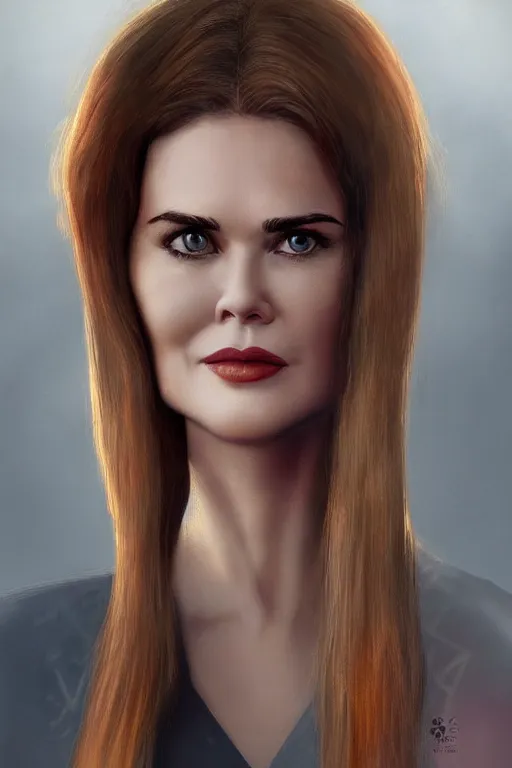 Prompt: mix of beautiful young maria shriver, mariel hemmingway, brooke shields, nicole kidman and elle macpherson as an alien creature, thin lips, hair tied up in a pony tail, dark blonde hair, colorful, artstation, cgsociety