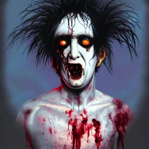 Image similar to early picture of robert smith from the eighties as a cute zombie, 7 days to die zombie, fine art, award winning, intricate, elegant, sharp focus, cinematic lighting, digital painting, 8 k concept art, art by z. w. gu, art by brom, art by michael hussar, 8 k