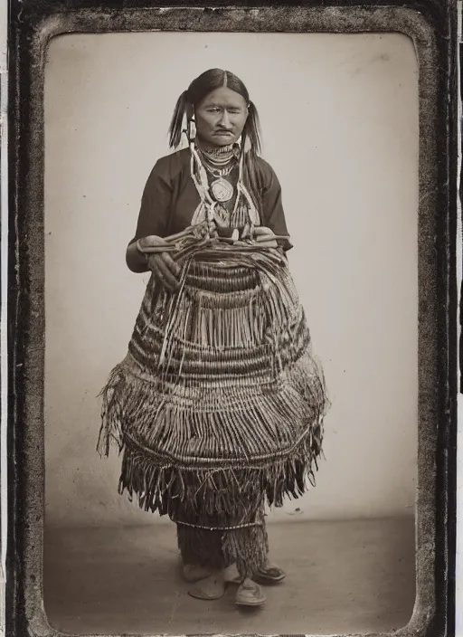 Image similar to Antique portrait of a Navajo woman dressed in traditional attire, posing in front of baskets she weaved, albumen silver print, Smithsonian American Art Museum