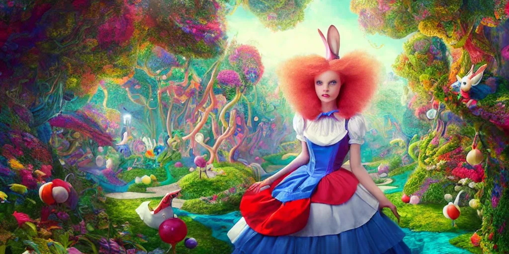 Image similar to Alice in Wonderland, falling down the rabbit hole, colorful, wide angle, super highly detailed, professional digital painting, artstation, concept art, smooth, sharp focus, no blur, no dof, extreme illustration, Unreal Engine 5, Photorealism, HD quality, 8k resolution, cinema 4d, 3D, beautiful, cinematic, art by artgerm and greg rutkowski and alphonse mucha and loish and WLOP