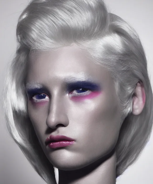 Image similar to a color photograph of a non binary model, platinum blonde, by thomas ruff, intense, bold, hyperrealistic, ultra sharp, extra details, ultra high quality, trending on pinteresst