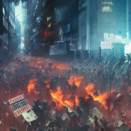 Image similar to angry rioters with placards, detailed digital illustration by greg rutkowski, fire, android netrunner