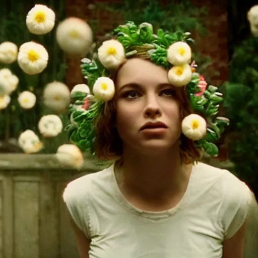 Prompt: movie still of the girl with the flowers head, cinematic composition, cinematic light, by edgar wright and david lynch