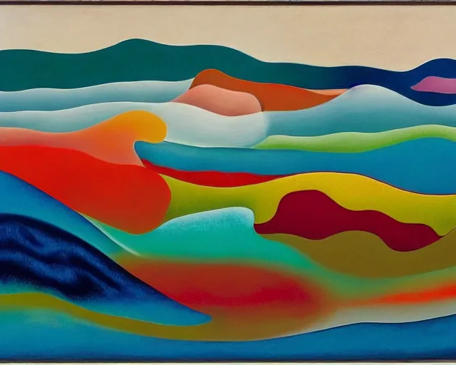 Prompt: An insane, modernist landscape painting. Wild energy patterns rippling in all directions. Curves, organic, zig-zags. Saturated color. Mountains. Clouds. Rushing water. Georgia O'Keeffe. Zao Wou-ki. Yves Tanguy.