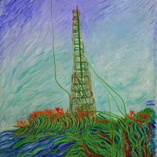 Image similar to offshore oil rig made by pine needles, overtaken by vines and flowers on the coast, expressive oil painting in the style of edvart munch and claude monet, green and lilac and gold color scheme