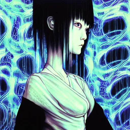 Image similar to yoshitaka amano blurred and dreamy three quarter angle portrait of a young woman with white hair and black eyes wearing dress suit with tie, playstation 2 horror game, junji ito abstract patterns in the background, satoshi kon anime, chungking express color palette, noisy film grain effect, highly detailed, renaissance oil painting, weird portrait angle, blurred lost edges