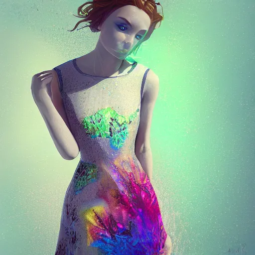 Prompt: a beautiful flowy summer dress, glitched beeple unique, hyperdetailed, featured on Artstation, cgsociety, Behance HD