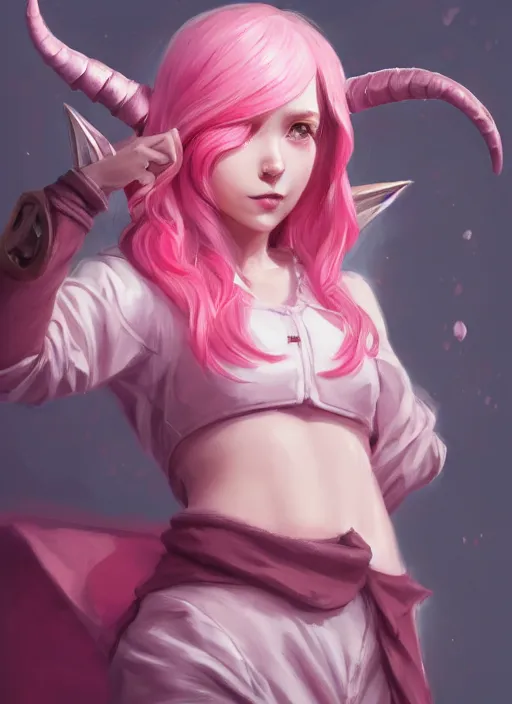 Image similar to a highly detailed illustration of cute smug pink haired pale girl with two curved horns wearing oversized pink hoodie, dramatic smirk pose, intricate, elegant, highly detailed, centered, digital painting, artstation, concept art, smooth, sharp focus, league of legends concept art, wlop.