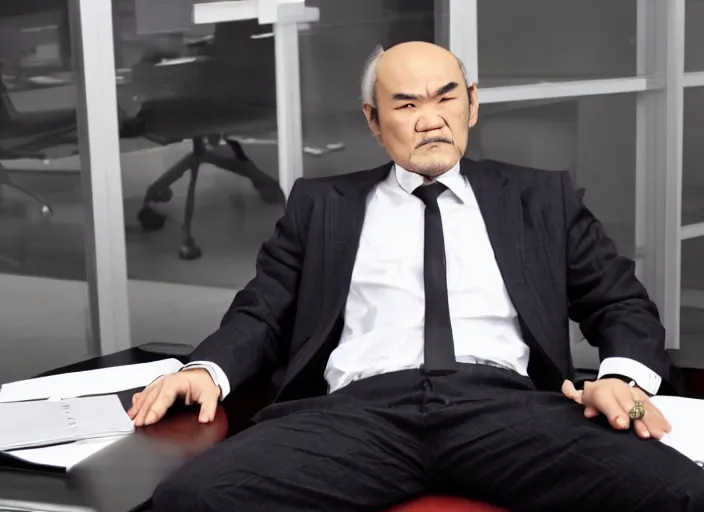 Prompt: heihachi mishima as a well dressed ceo sitting in an office photoshoot