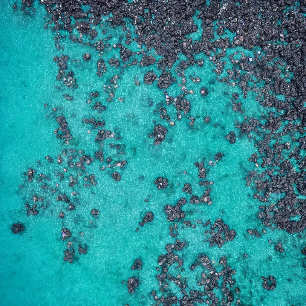 Prompt: birds eye view above a crystal clear blue ocean with swirling sea foam, dark black smooth obsidian boulders, floating kelp, small fishes, octopus, dolphins, stingrays, whale