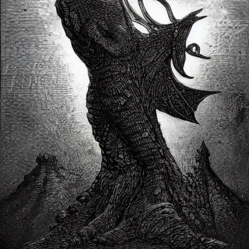 Prompt: dark fantasy illustration of tinkerbell godzilla, drawn by gustave dore